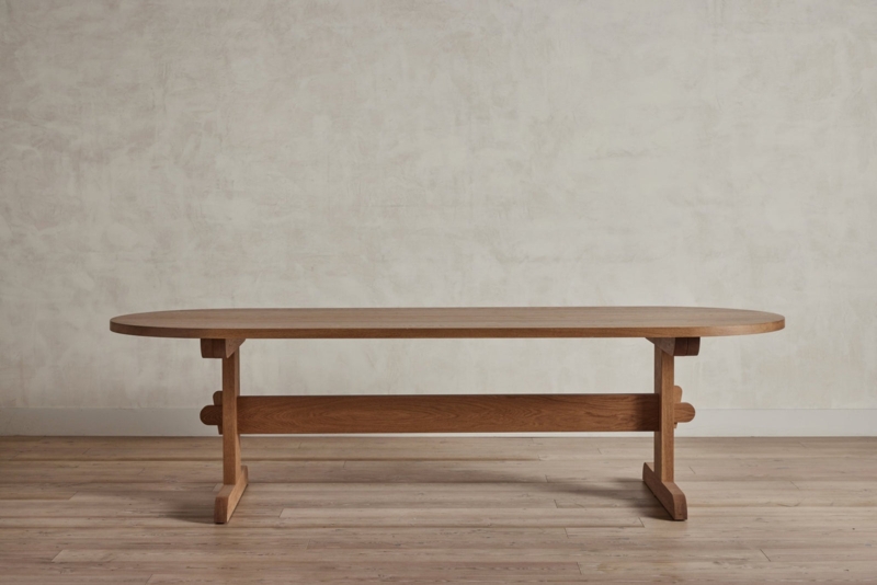 Dining Table, Honey Oak Oval Trestle with Rounded Stretcher Ends