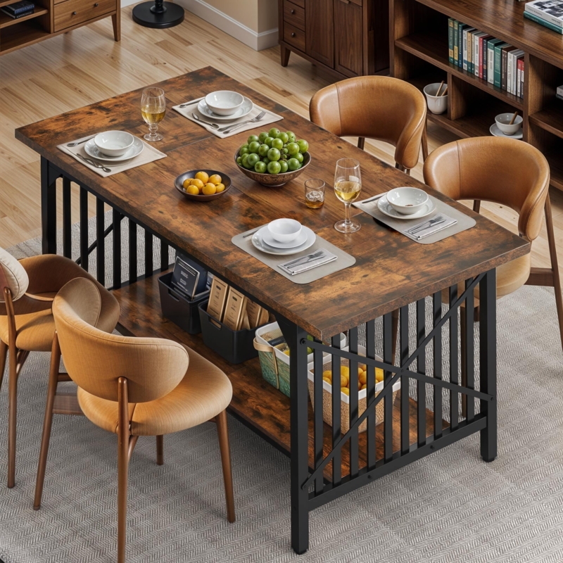 Dining Table Industrial Metal Frame Wood Top Lower Storage Shelf X Base