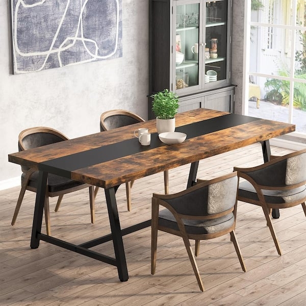 Dining Table Industrial Rustic Chunky Legs Wood Toned