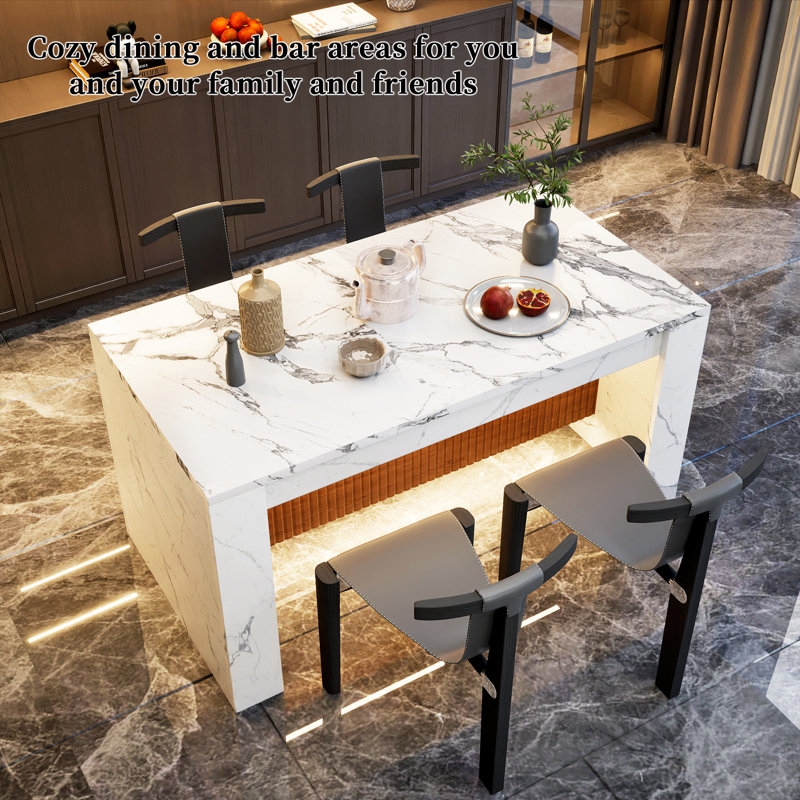 Dining Table Integrated LED Glow Marble Waterfall Ribbed Base