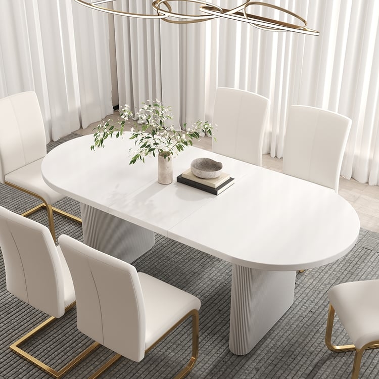 Dining Table Japandi Oval Extendable Ribbed Pedestal Base Matte Finish