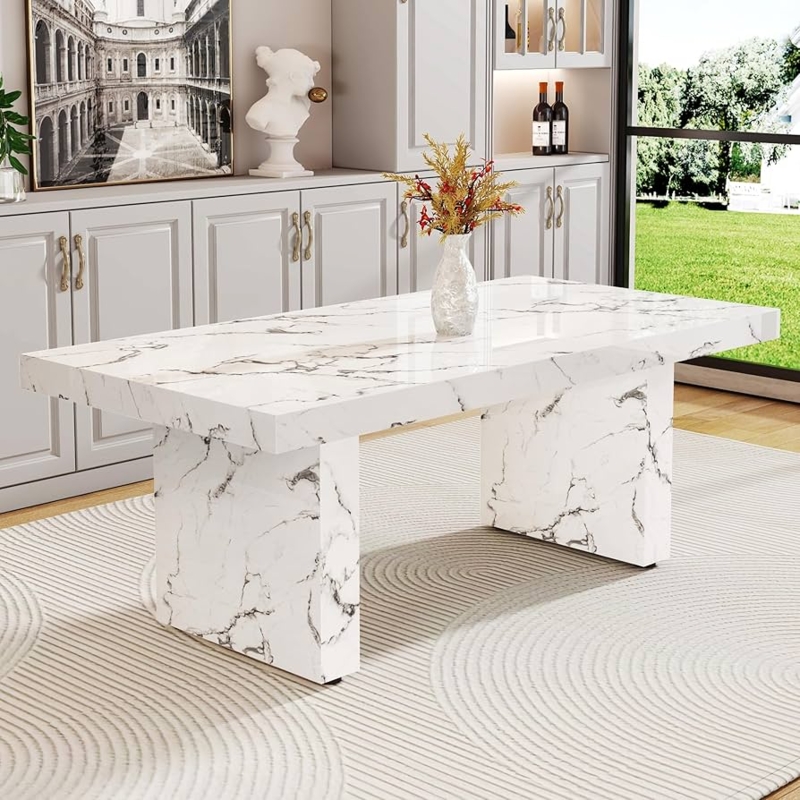Dining Table: Large Slab Pedestal Base, Glossy Marble Pattern