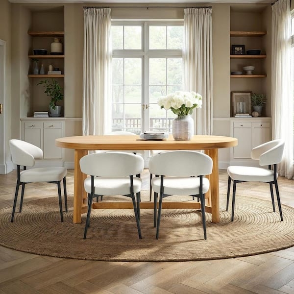 Dining Table, Light Oak Oval Trestle with Curved White Chairs