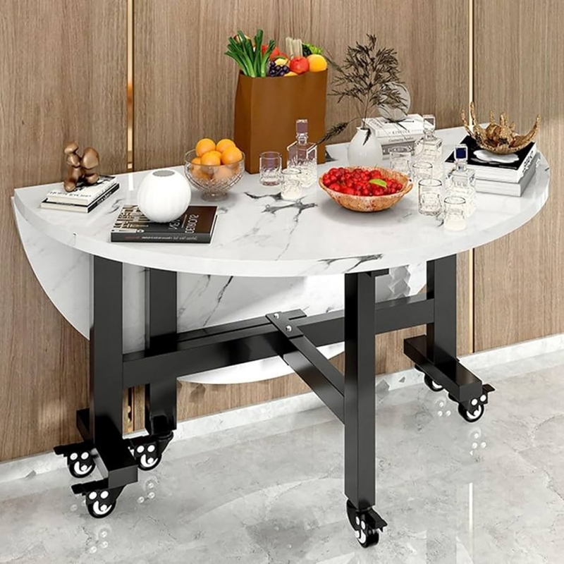 Dining Table Marble Pattern Drop Leaf Black Metal Folding with Wheels