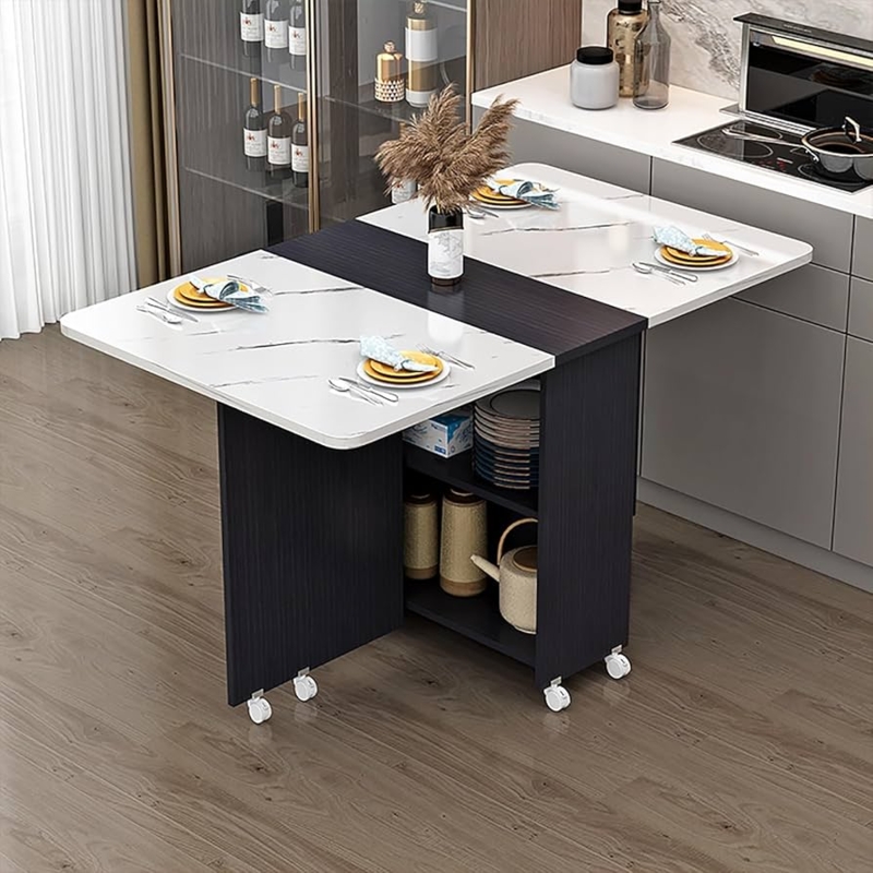 Dining Table Marble Pattern Drop Leaf Integrated Storage Base
