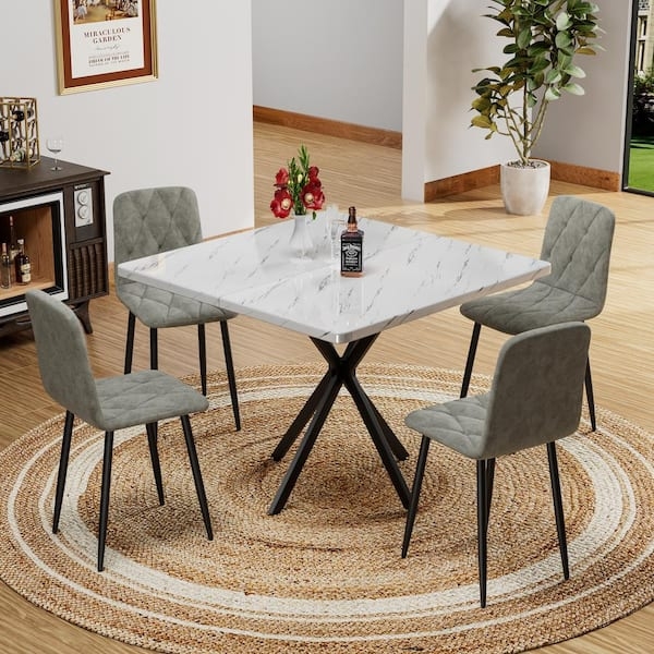 Dining Table Marble Pattern Top Quilted Grey Chairs X-Frame Base