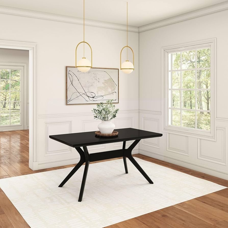 Dining Table Matte Black Finish Flared Trestle Legs Architectural Style