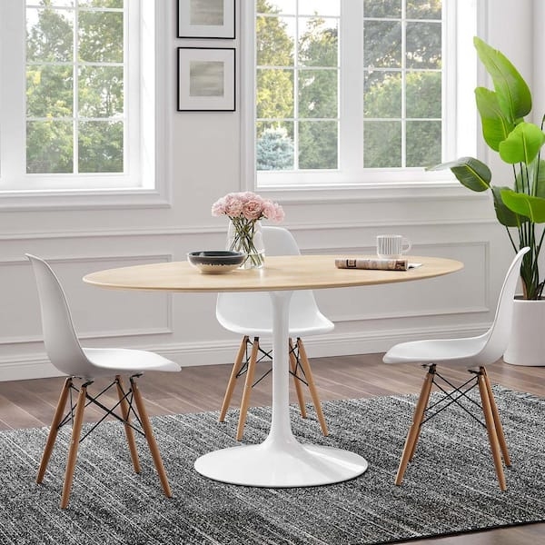 Dining Table Mid-Century Modern Oval White Pedestal Natural Wood Top