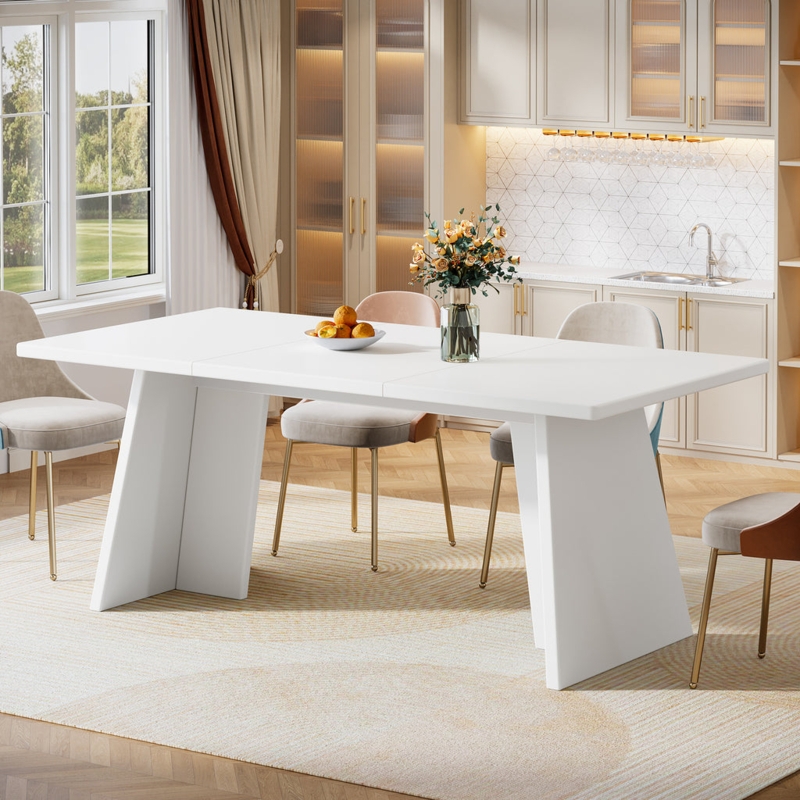 Dining Table Modern Minimalist White Stone-like Double Pedestal Base
