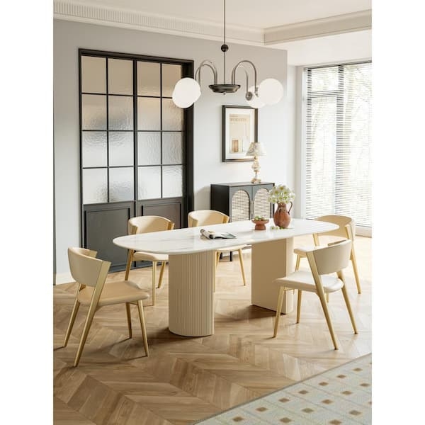 Dining Table Modern Oval Stone-Like Top Double Ribbed Pedestal Base