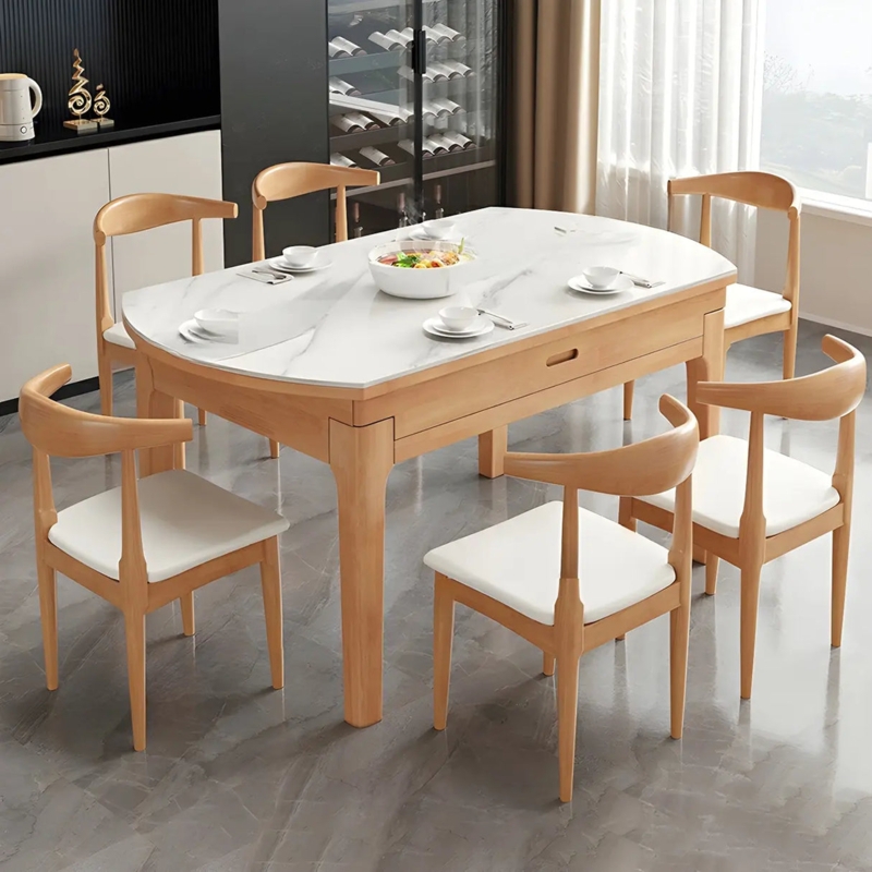 Dining Table Modern Oval Stone-Like Top Ribbed Pedestal Base