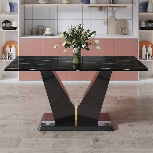 Dining Table Modern V-Shaped Pedestal Marble Look Gold Inlay