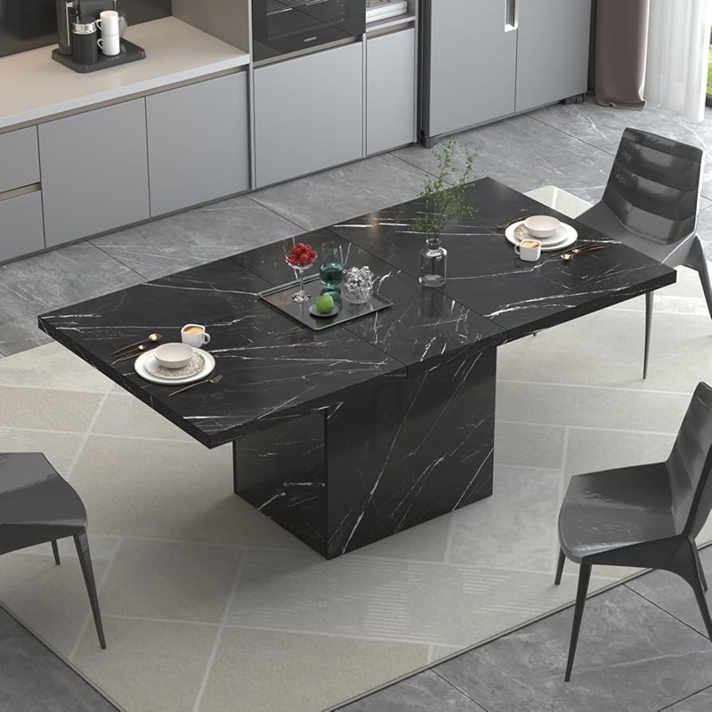 Dining Table Monolithic Block Pedestal Marbled Surface