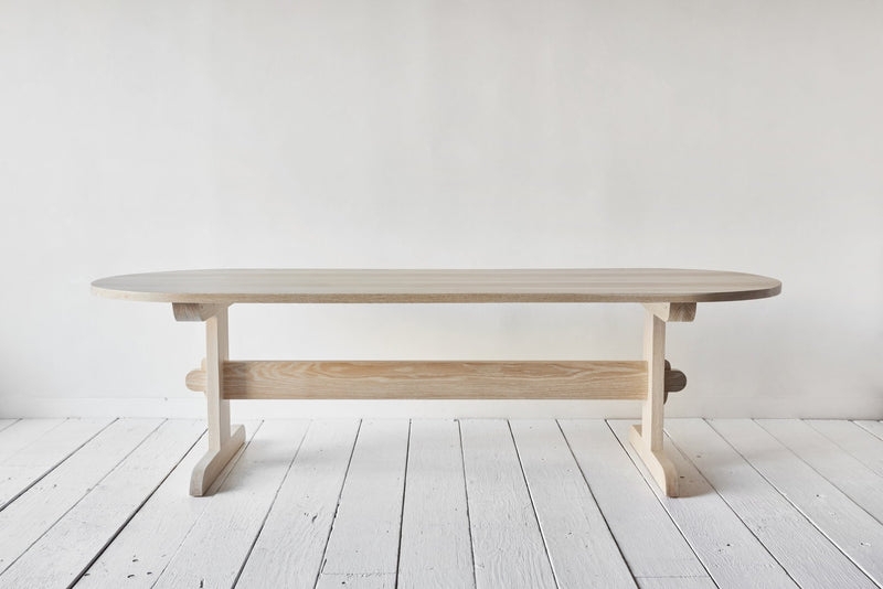 Dining Table, Natural Wood Oval Trestle H-Frame Design