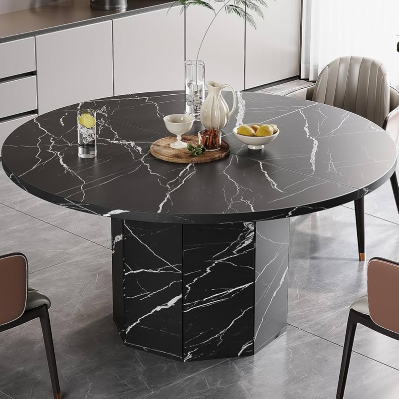 Dining Table Octagonal Pedestal Base Marble Look Modern