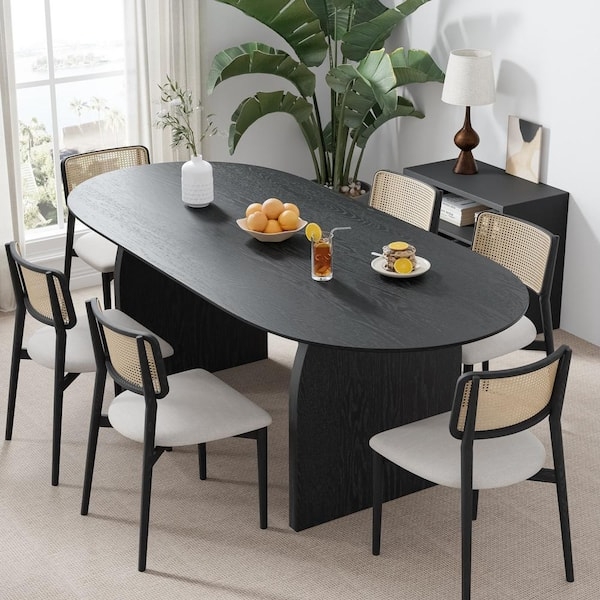 Dining Table Oval Black Top Double Pedestal Base Modern Wood Grain