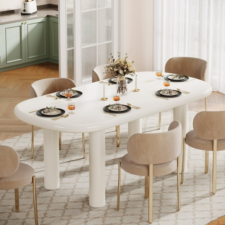 Dining Table Oval Cream White Thick Cylindrical Legs Modern Minimalist