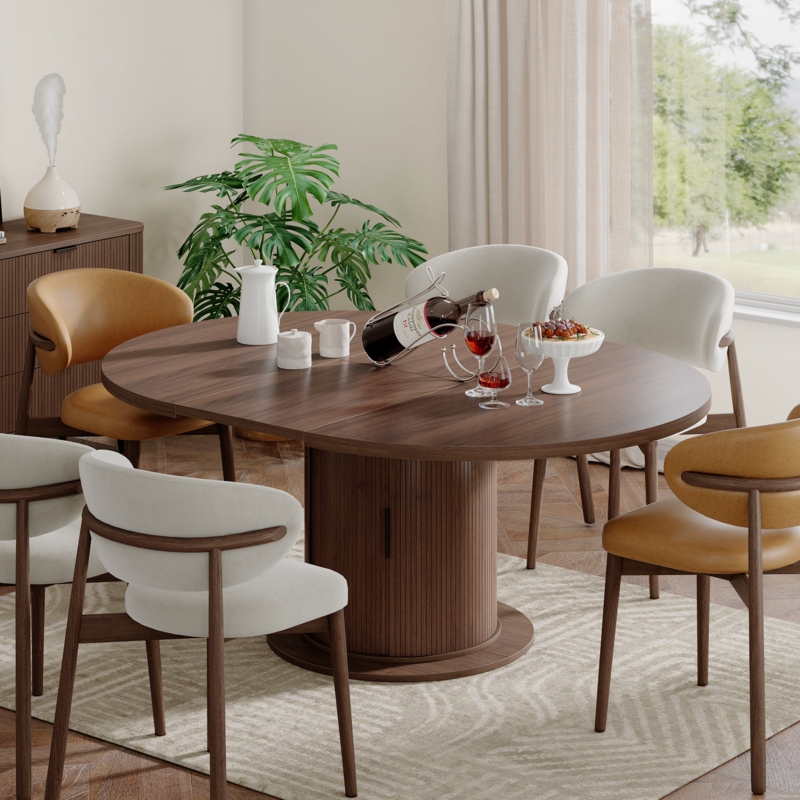 Dining Table Oval Extendable Walnut Finish with Ribbed Pedestal Base