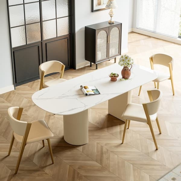 Dining Table Oval Marble Look Top with Fluted Pedestal Base