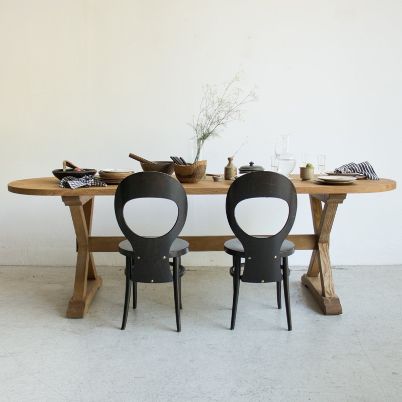 Dining Table Oval Reclaimed Top Circular Cutout Chairs Trestle Base