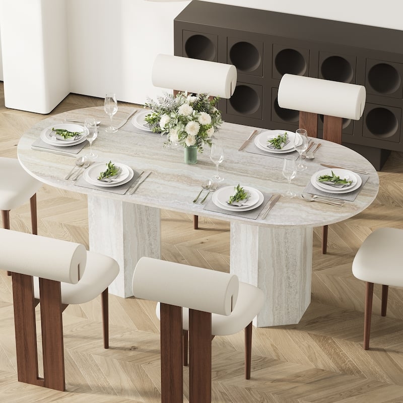 Dining Table Oval Travertine Texture Double Columnar Pedestal Off-White