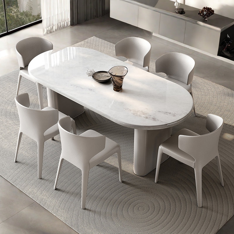 Dining Table Oval White Stone-Like Dual Pill-Shaped Pedestals Modern
