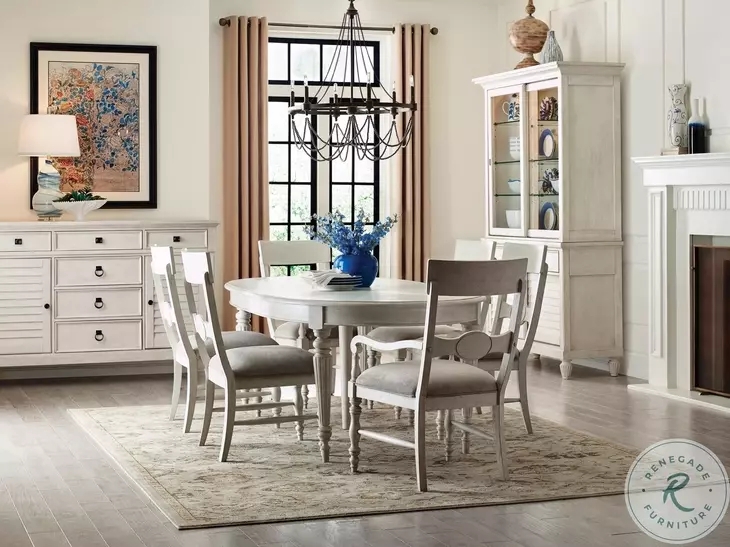 Dining Table Oval Whitewashed Finish Turned Pedestal Legs Coastal Cottage