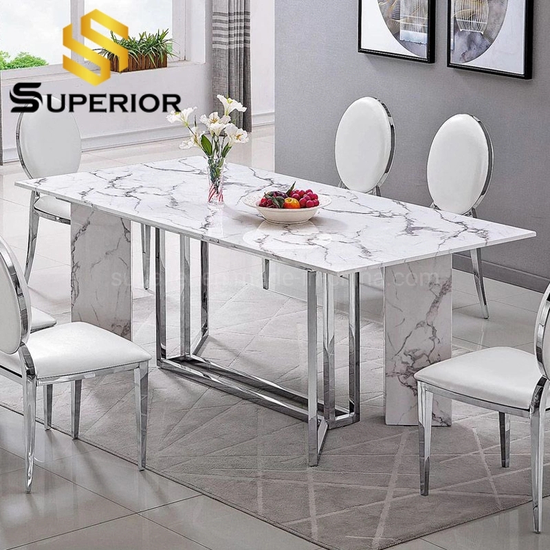 Dining Table Polished Stainless Steel Base Glam Veined Stone Top