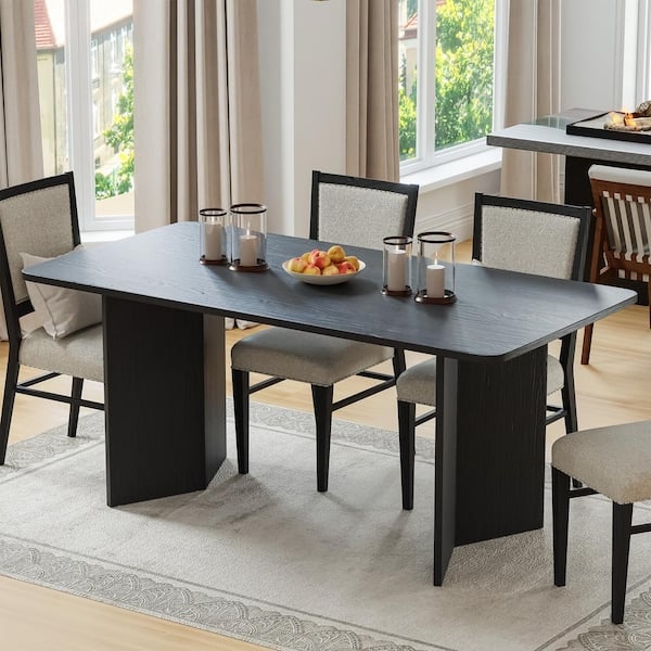 Dining Table Rectangular Black Wood Top Thick Double Pedestal Slab Legs