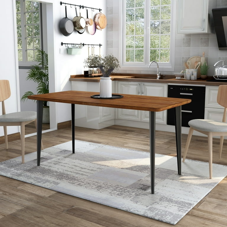 Dining Table Rectangular Dark Oak Finish Tapered Metal Legs Industrial