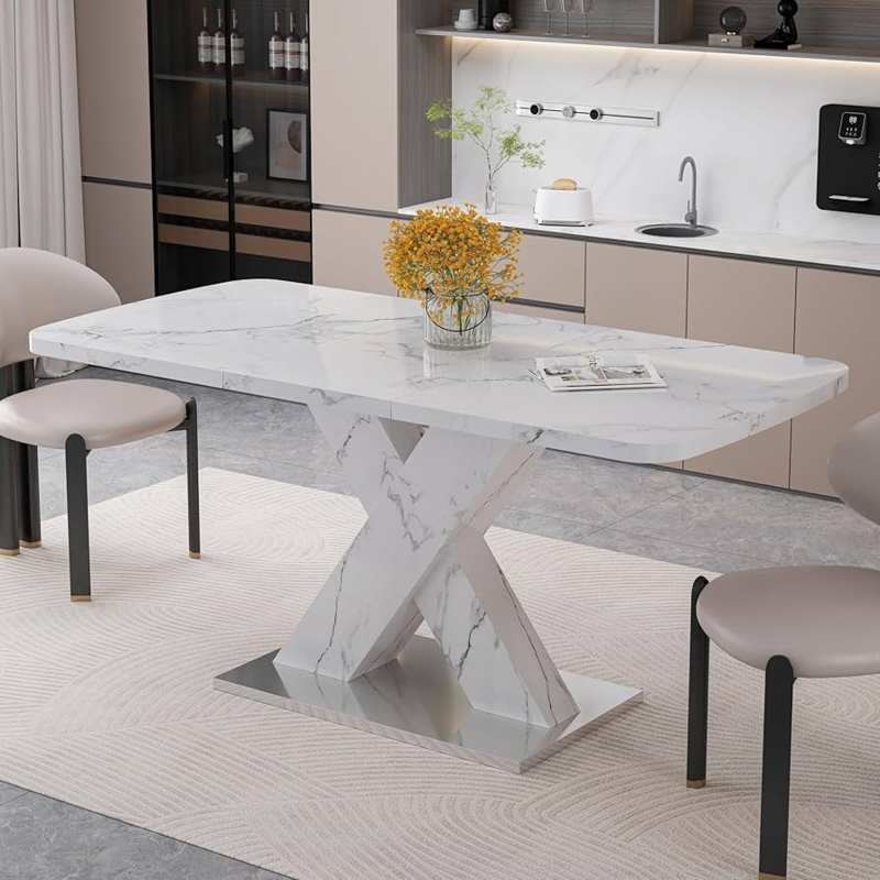 Dining Table Rectangular Marble Print Finish X-Shaped Pedestal Base
