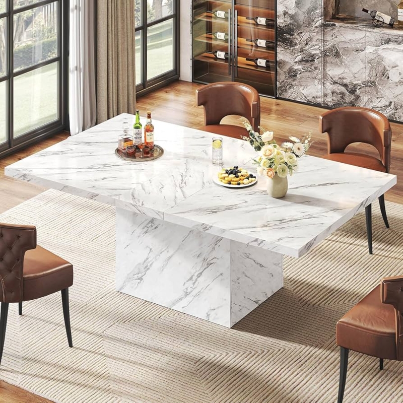 Dining Table Rectangular White Faux Marble Top with Thick Pedestal Base