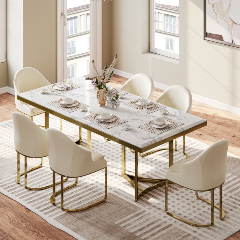 Dining Table Rectangular White Marble Top Gold Sled Metal Legs
