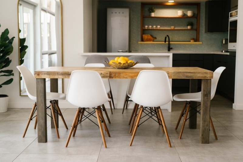 Dining Table Ribbed Pedestal Base Natural Wood Rounded Top