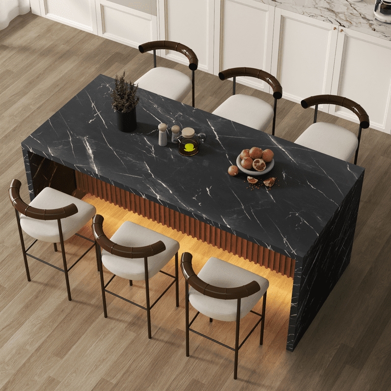 Dining Table Ribbed Wood Base Marble Top LED Underglow Island