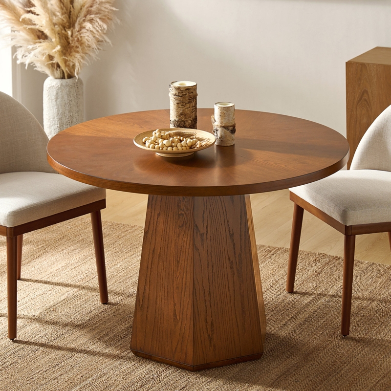 Dining Table Round Acorn Wood with Faceted Pedestal Base