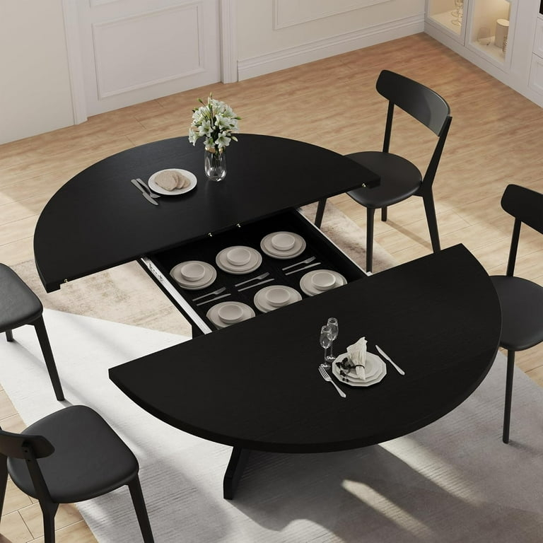 Dining Table Round Black Extendable with Integrated Storage Modern Minimalist