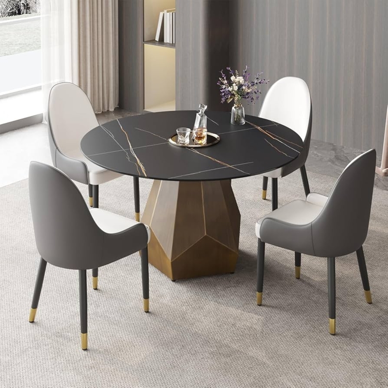 Dining Table Round Black Marble Top Faceted Gold Base Two Toned Chairs