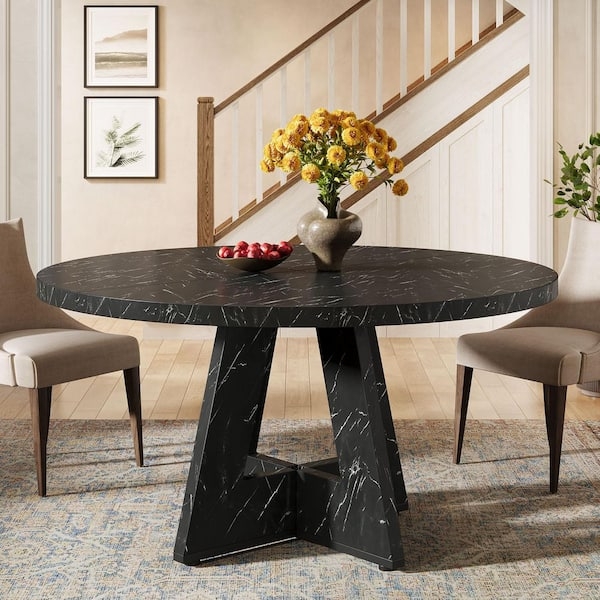 Dining Table Round Black Marble Veining Faceted Pedestal Base