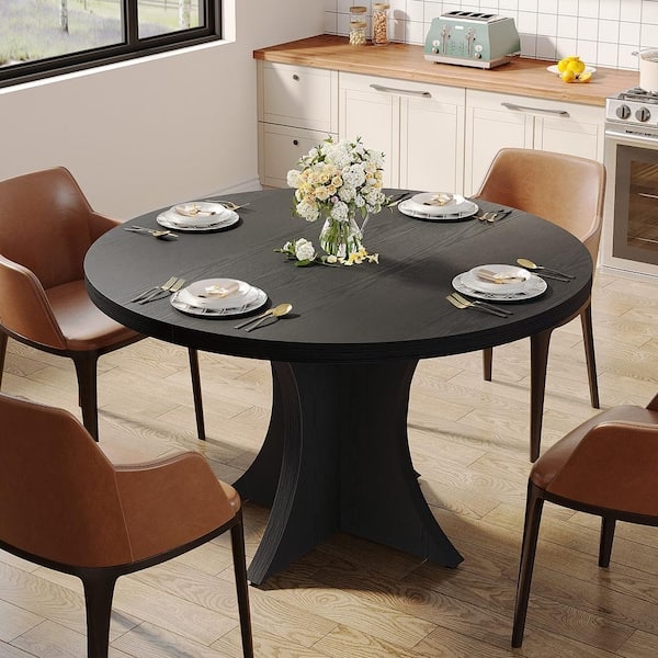 Dining Table Round Black Wood Grain Sculptural Base Modern 47 Inch