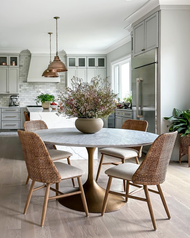 Dining Table Round Brass Pedestal Base Woven Rattan Chairs Transitional