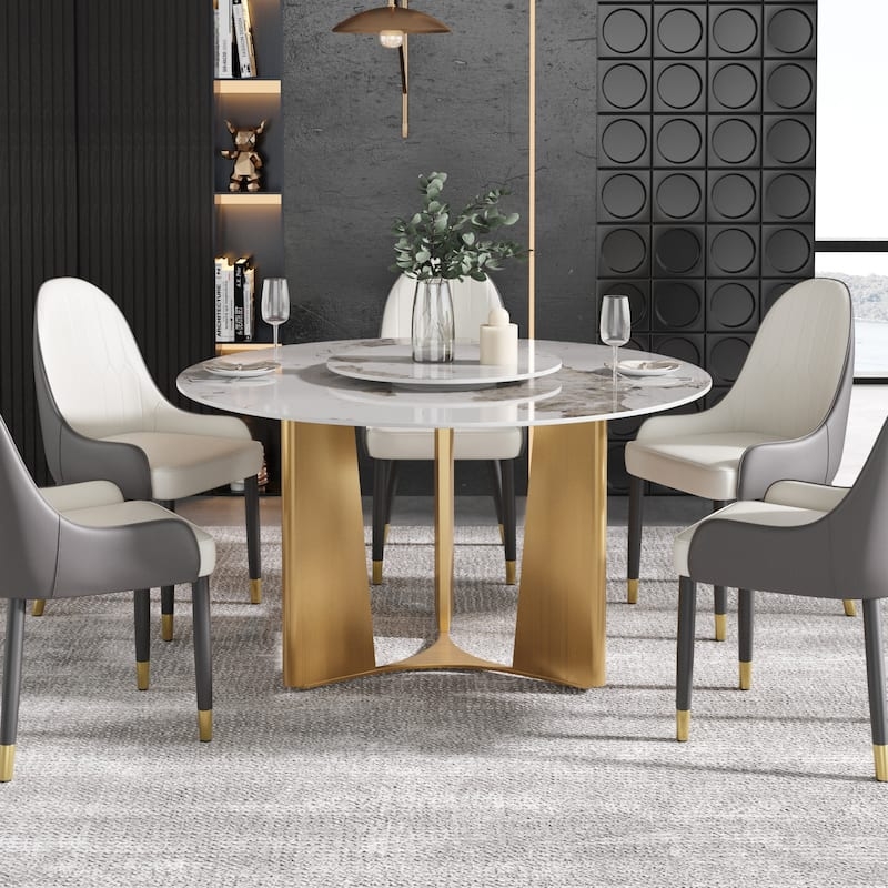 Dining Table Round Brushed Gold Pedestal Marble Patterned Sintered Stone