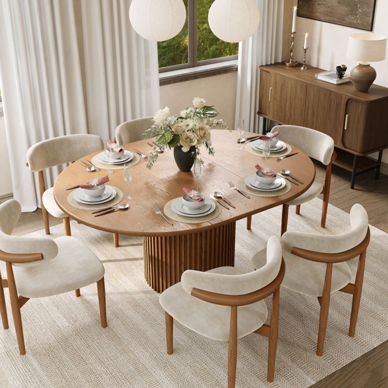 Dining Table Round Extendable Ribbed Pedestal Base Japandi Style Curved Chairs