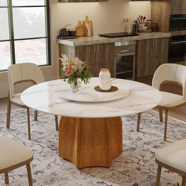 Dining Table Round Faceted Wood Toned Pedestal Stone Like Top Lazy Susan