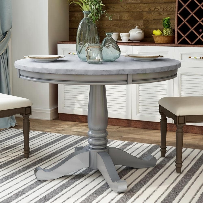 Dining Table Round Faux Marble Pedestal Grey Finish Turned Post Farmhouse