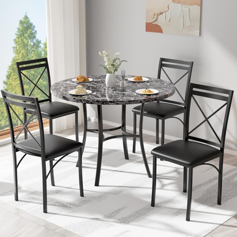 Dining Table Round Faux Marble Top With Crossed Metal Legs