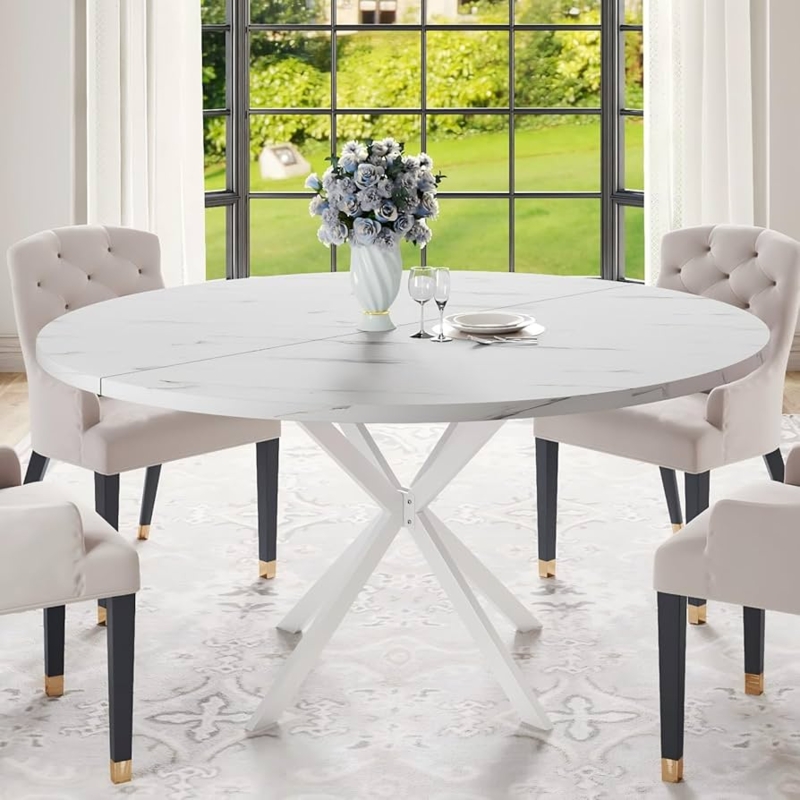 Dining Table Round Faux Marble Top with Geometric Pedestal Base
