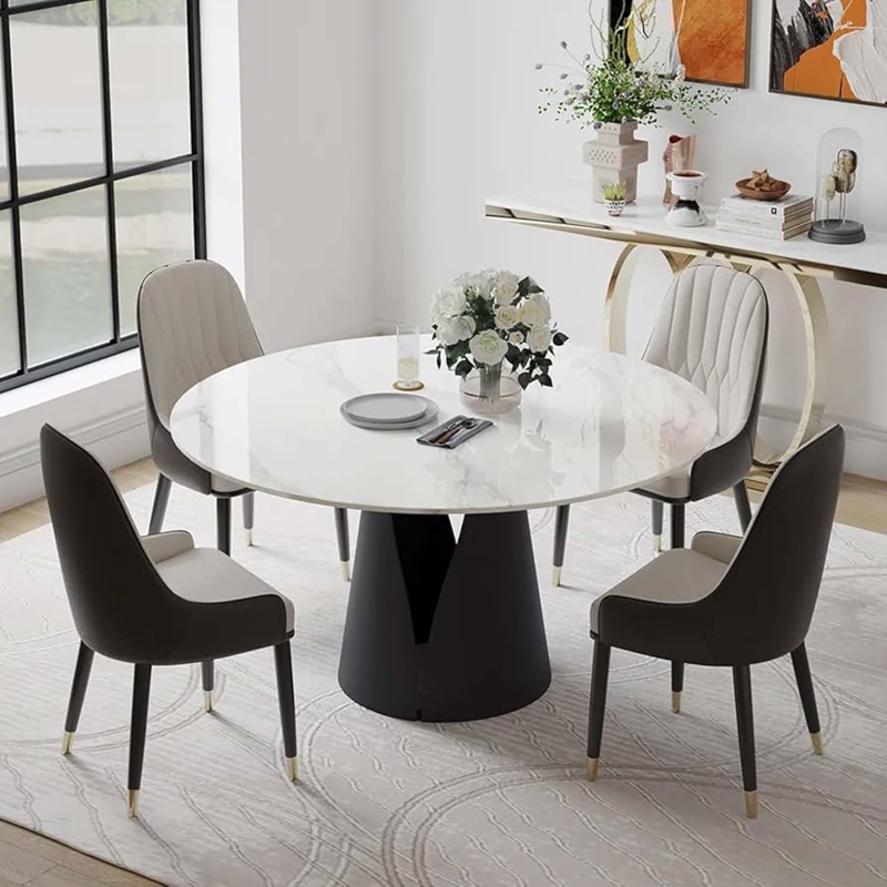 Dining Table Round Glossy White Marbled Top Black Pedestal Tapered Legs