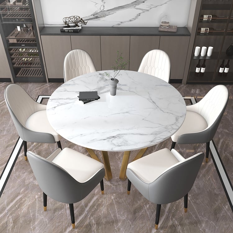 Dining Table Round Gold Pedestal Base Marble Veined Top Quilted Chairs
