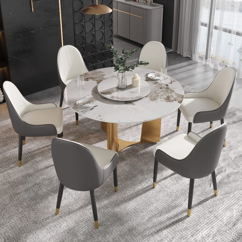 Dining Table Round Gold Pedestal Sintered Stone Kitchen Table Lazy Susan